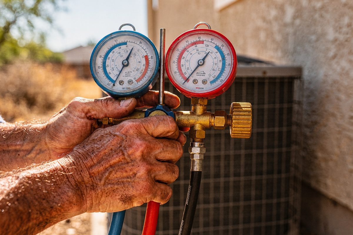 Hands holding a refrigerant manifold gauge set connected to a condenser service valve
