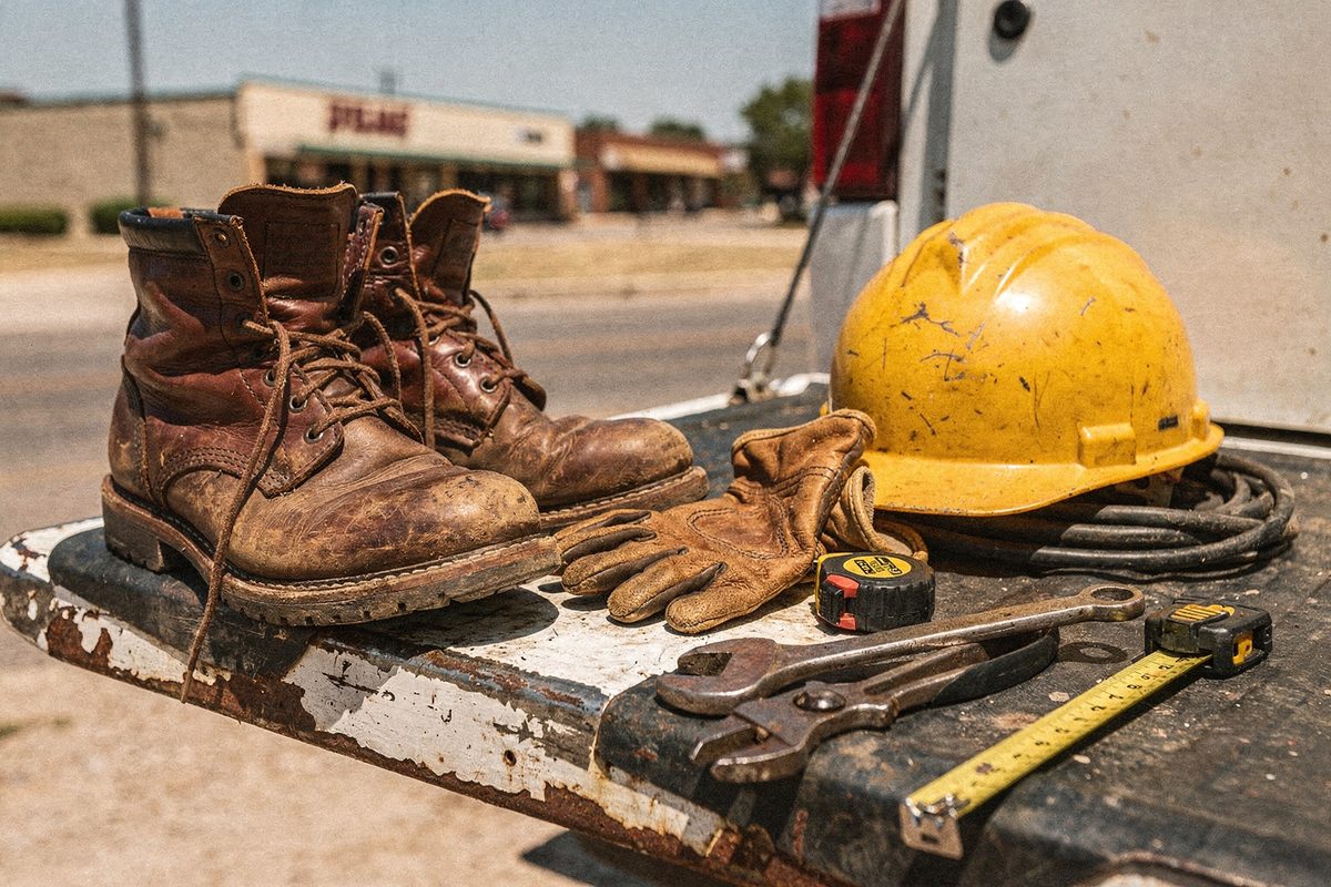 Work boots, gloves and a hard hat resting on an open service van tailgate