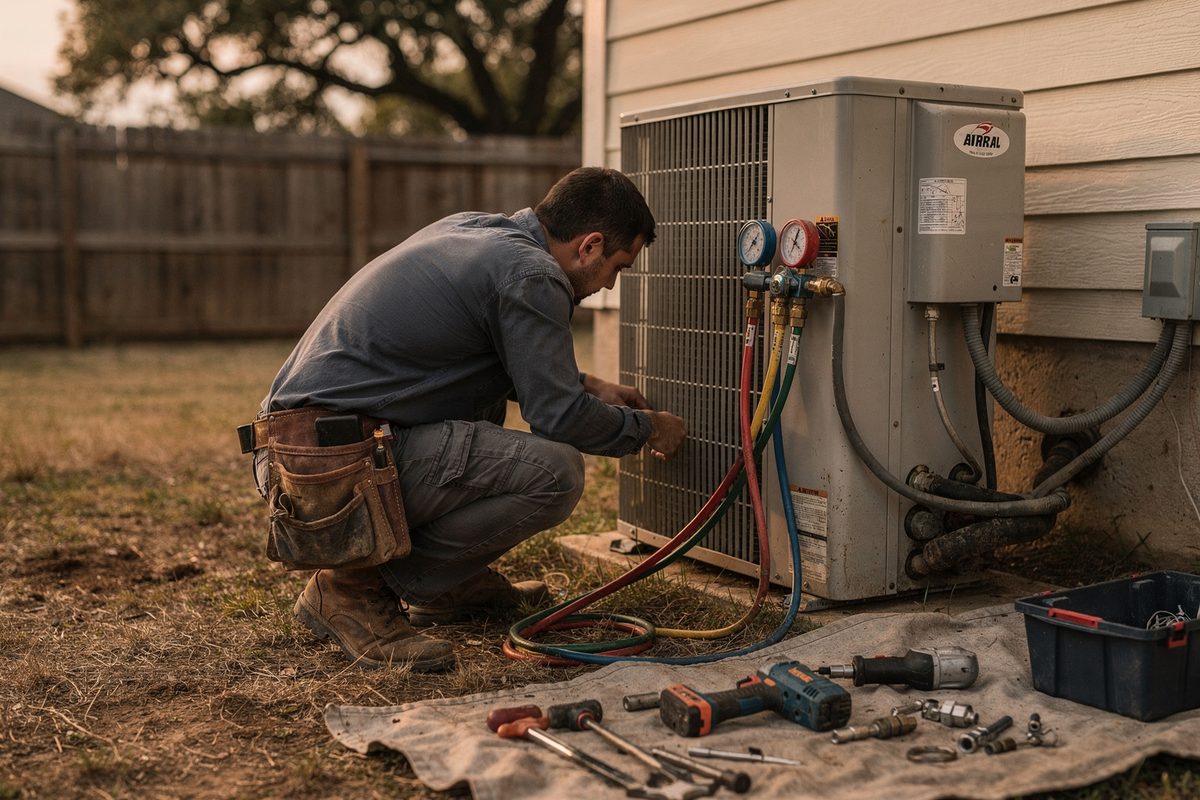 Technician finishing an outdoor heat pump installation beside a house