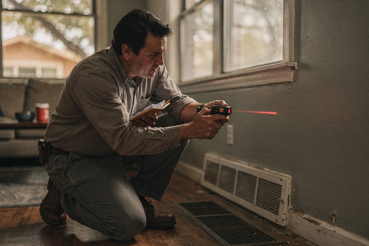 Technician using a laser tape measure to check a room before sizing a system