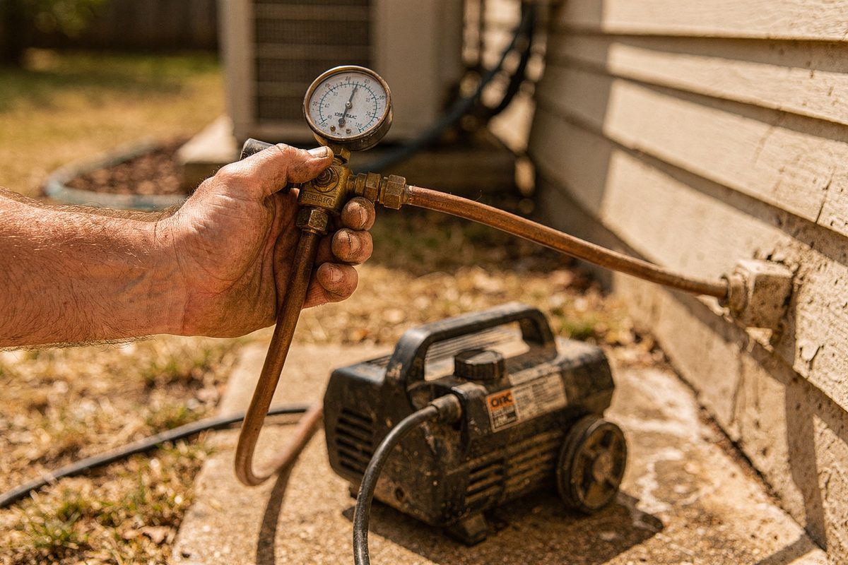 Technician running a vacuum pump on a refrigerant line set before charging