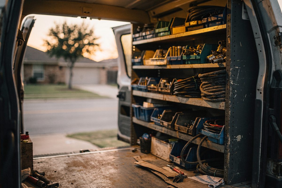 Organized shelving and labeled parts bins inside a service van