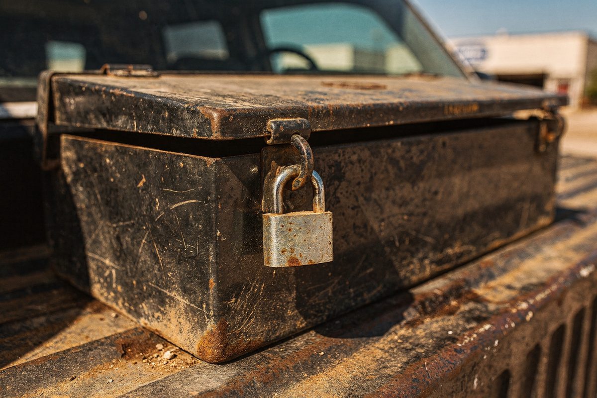 Locked metal toolbox mounted in the bed of a service van