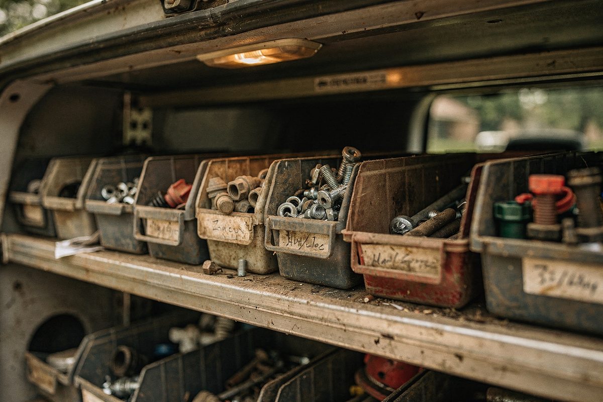 Labeled parts bins mounted on a shelf inside the rear of a service van