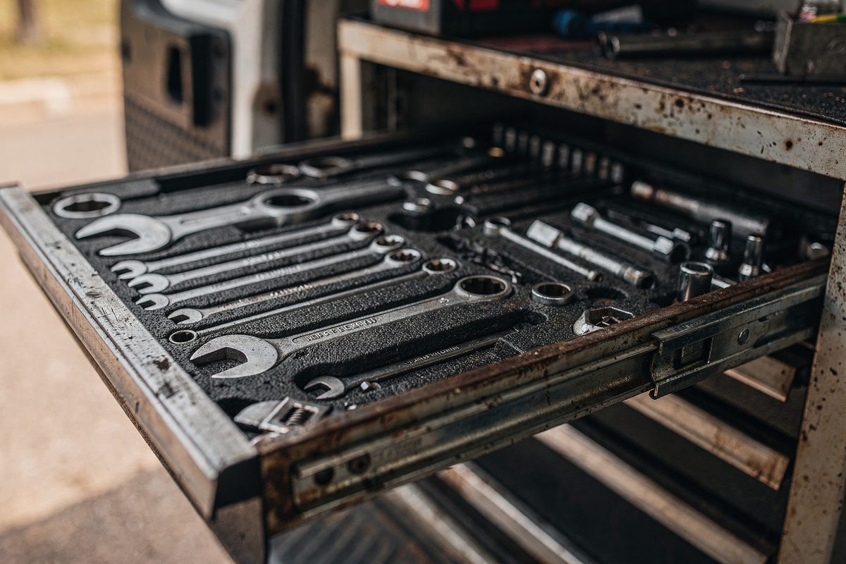 Open rolling toolbox drawer with wrenches organized inside a service van