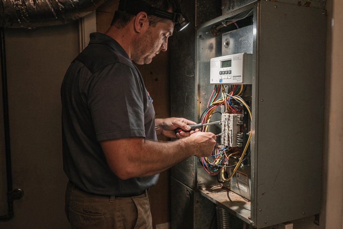 Technician wiring a zoning control panel beside a furnace in a mechanical closet